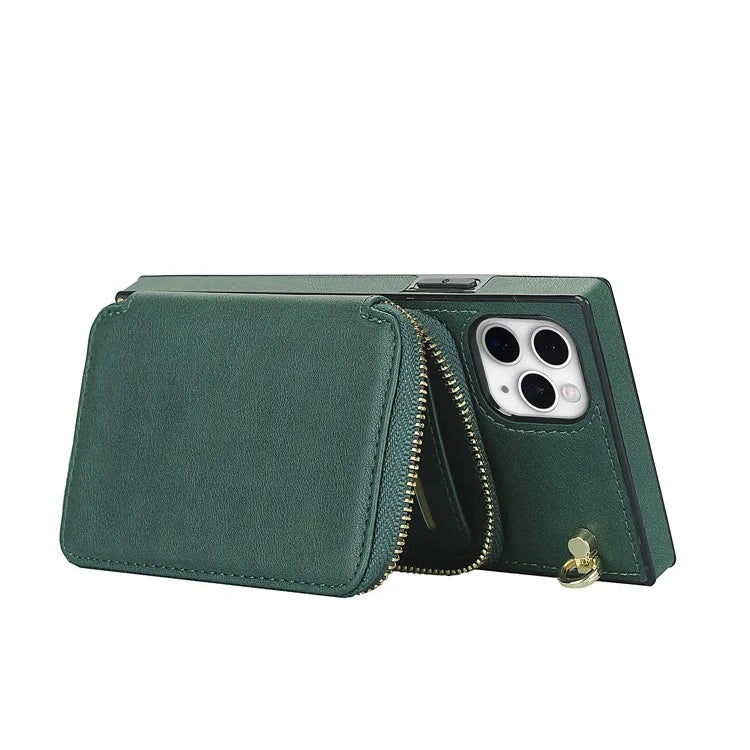 For iPhone 11 Pro Max Case Kickstand PU Leather Coated TPU Cell Phone Cover with Long Strap