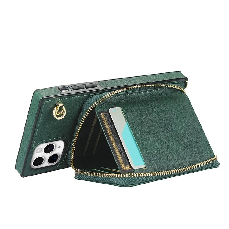 For iPhone 11 Pro Max Case Kickstand PU Leather Coated TPU Cell Phone Cover with Long Strap
