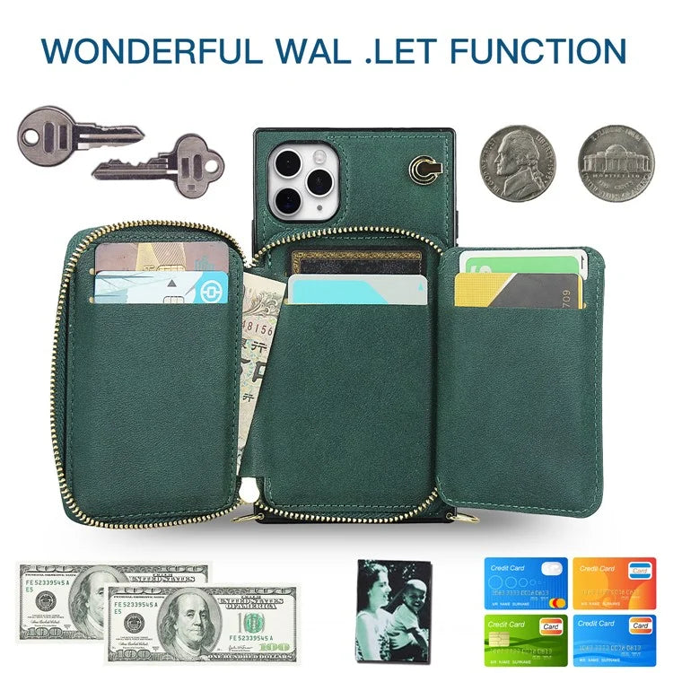 For iPhone 11 Pro Max Case Kickstand PU Leather Coated TPU Cell Phone Cover with Long Strap