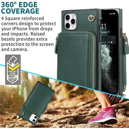 For iPhone 11 Pro Max Case Kickstand PU Leather Coated TPU Cell Phone Cover with Long Strap