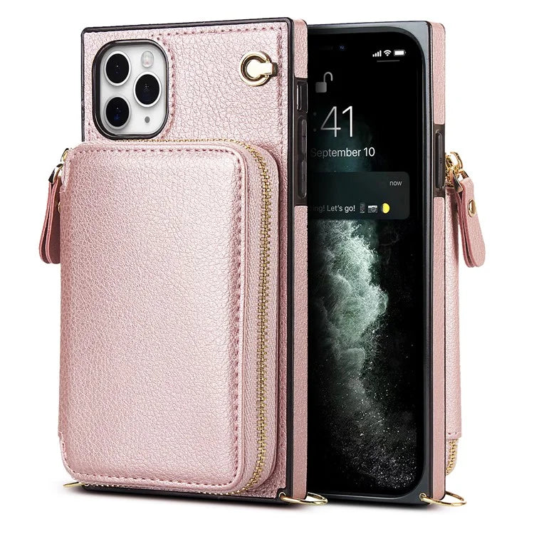 For iPhone 11 Pro Max Case Kickstand PU Leather Coated TPU Cell Phone Cover with Long Strap