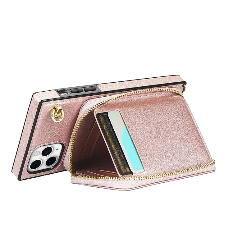 For iPhone 11 Pro Max Case Kickstand PU Leather Coated TPU Cell Phone Cover with Long Strap