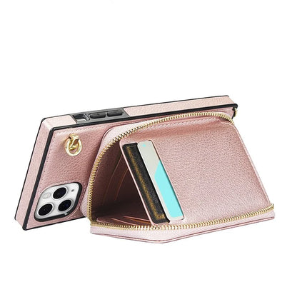 For iPhone 11 Pro Max Case Kickstand PU Leather Coated TPU Cell Phone Cover with Long Strap