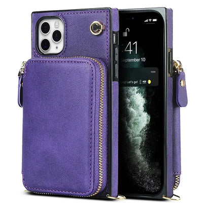 For iPhone 11 Pro Max Case Kickstand PU Leather Coated TPU Cell Phone Cover with Long Strap