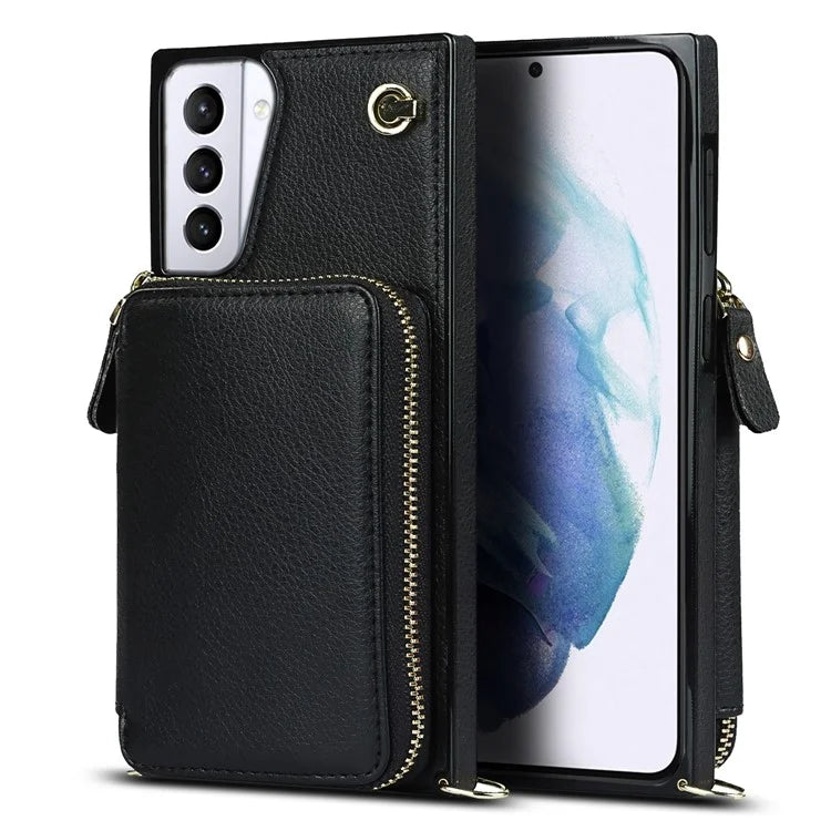 For Samsung Galaxy S21+ 5G Wallet Case TPU+PU Cell Phone Cover with Long Strap