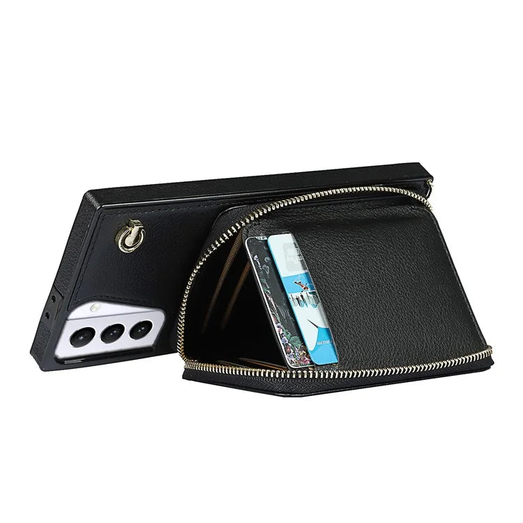 For Samsung Galaxy S21+ 5G Wallet Case TPU+PU Cell Phone Cover with Long Strap