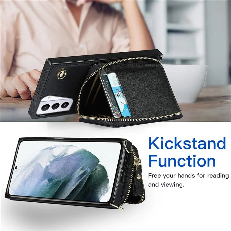 For Samsung Galaxy S21+ 5G Wallet Case TPU+PU Cell Phone Cover with Long Strap