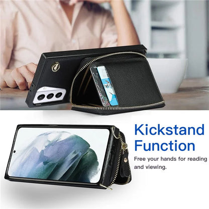 For Samsung Galaxy S21+ 5G Wallet Case TPU+PU Cell Phone Cover with Long Strap