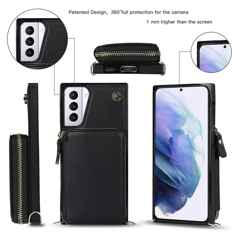 For Samsung Galaxy S21+ 5G Wallet Case TPU+PU Cell Phone Cover with Long Strap