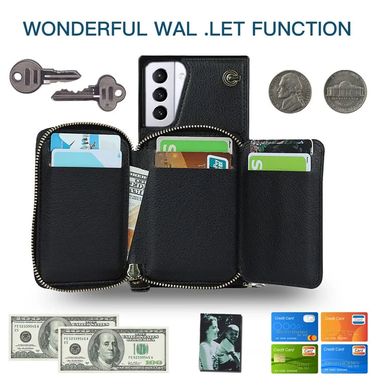 For Samsung Galaxy S21+ 5G Wallet Case TPU+PU Cell Phone Cover with Long Strap