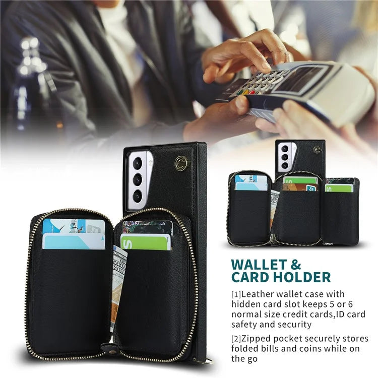 For Samsung Galaxy S21+ 5G Wallet Case TPU+PU Cell Phone Cover with Long Strap