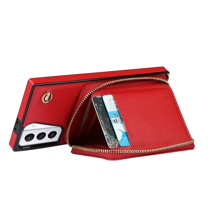 For Samsung Galaxy S21+ 5G Wallet Case TPU+PU Cell Phone Cover with Long Strap