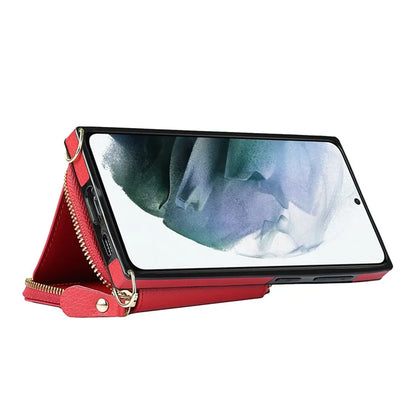 For Samsung Galaxy S21+ 5G Wallet Case TPU+PU Cell Phone Cover with Long Strap