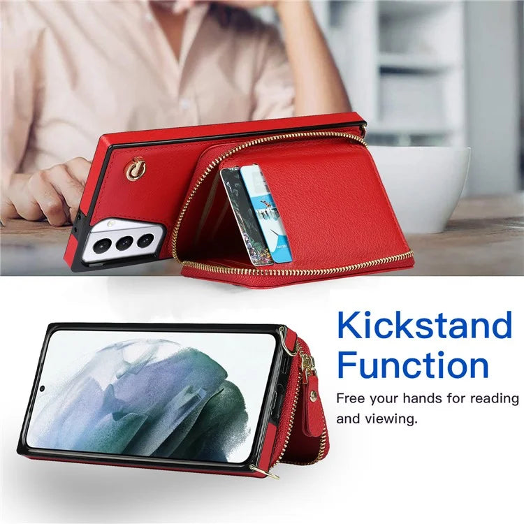 For Samsung Galaxy S21+ 5G Wallet Case TPU+PU Cell Phone Cover with Long Strap