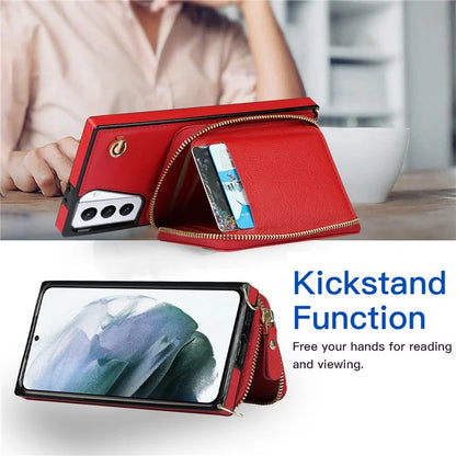 For Samsung Galaxy S21+ 5G Wallet Case TPU+PU Cell Phone Cover with Long Strap