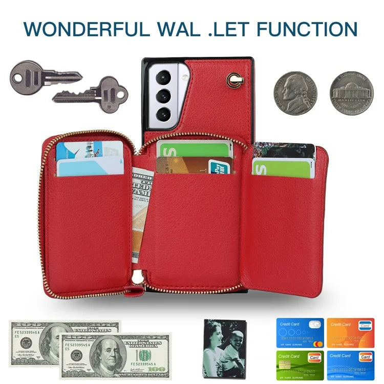 For Samsung Galaxy S21+ 5G Wallet Case TPU+PU Cell Phone Cover with Long Strap