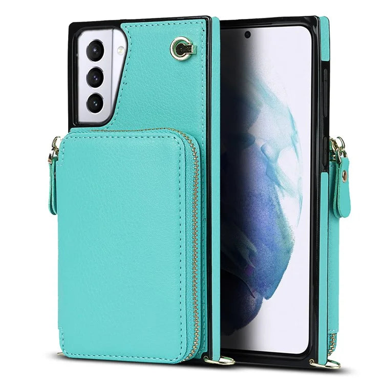 For Samsung Galaxy S21+ 5G Wallet Case TPU+PU Cell Phone Cover with Long Strap