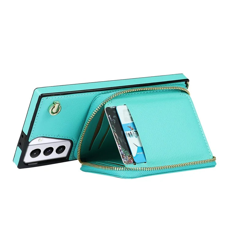 For Samsung Galaxy S21+ 5G Wallet Case TPU+PU Cell Phone Cover with Long Strap