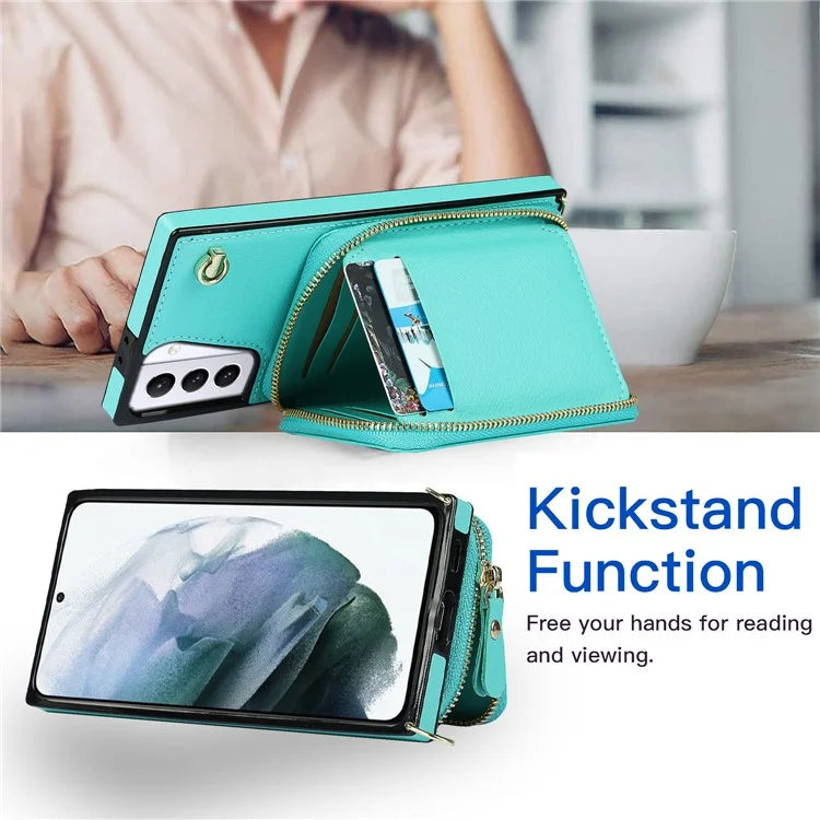 For Samsung Galaxy S21+ 5G Wallet Case TPU+PU Cell Phone Cover with Long Strap