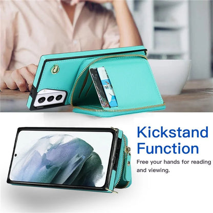 For Samsung Galaxy S21+ 5G Wallet Case TPU+PU Cell Phone Cover with Long Strap
