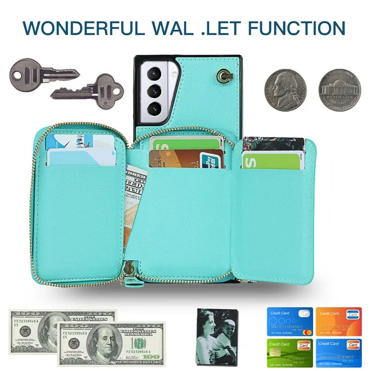 For Samsung Galaxy S21+ 5G Wallet Case TPU+PU Cell Phone Cover with Long Strap