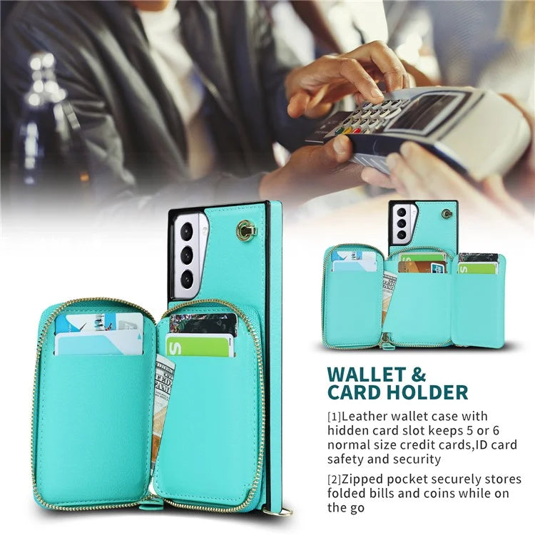 For Samsung Galaxy S21+ 5G Wallet Case TPU+PU Cell Phone Cover with Long Strap