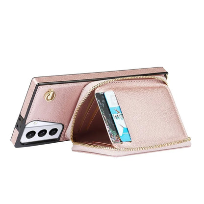 For Samsung Galaxy S21+ 5G Wallet Case TPU+PU Cell Phone Cover with Long Strap