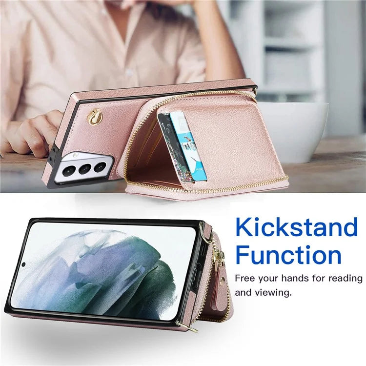 For Samsung Galaxy S21+ 5G Wallet Case TPU+PU Cell Phone Cover with Long Strap