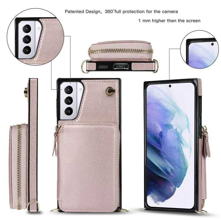 For Samsung Galaxy S21+ 5G Wallet Case TPU+PU Cell Phone Cover with Long Strap