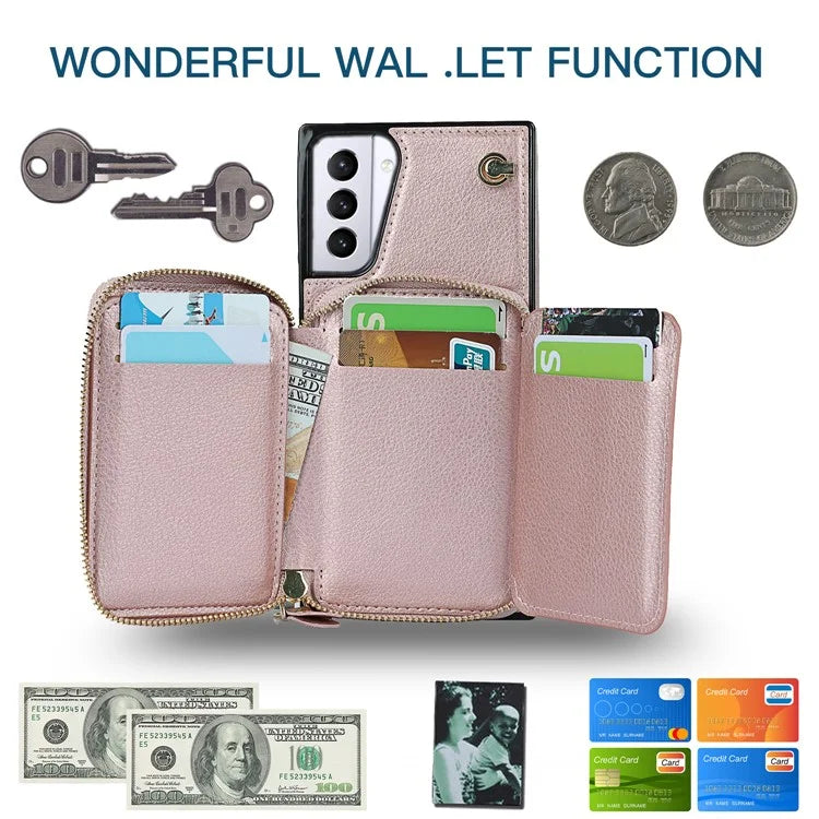 For Samsung Galaxy S21+ 5G Wallet Case TPU+PU Cell Phone Cover with Long Strap