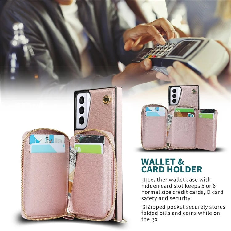 For Samsung Galaxy S21+ 5G Wallet Case TPU+PU Cell Phone Cover with Long Strap