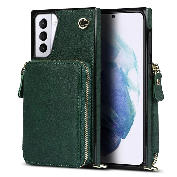 For Samsung Galaxy S21+ 5G Wallet Case TPU+PU Cell Phone Cover with Long Strap