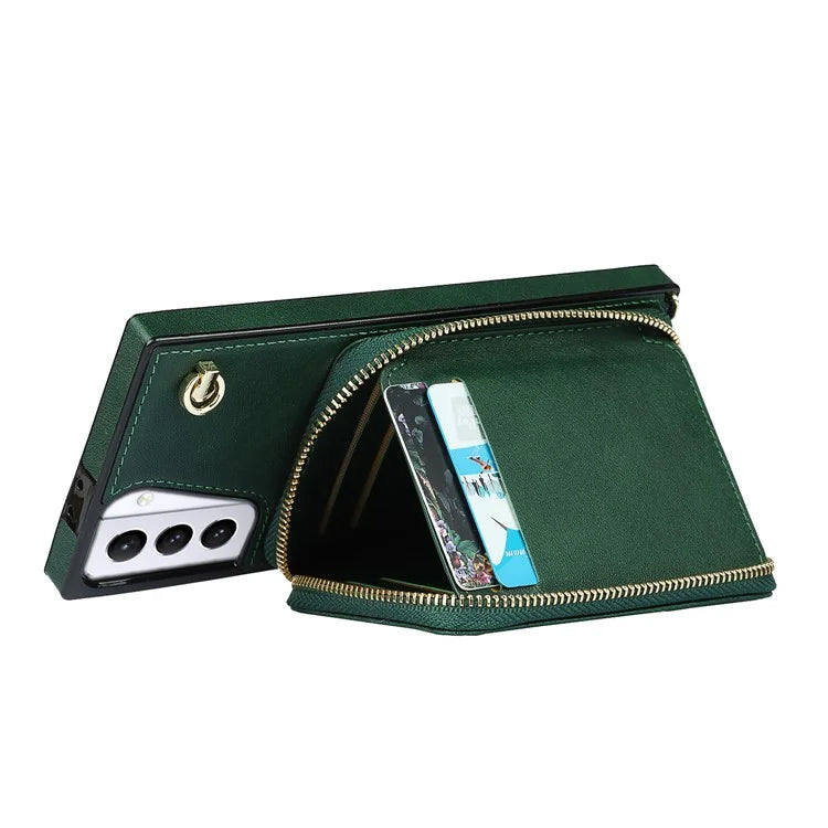 For Samsung Galaxy S21+ 5G Wallet Case TPU+PU Cell Phone Cover with Long Strap