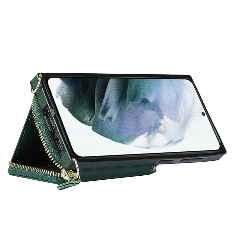 For Samsung Galaxy S21+ 5G Wallet Case TPU+PU Cell Phone Cover with Long Strap