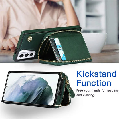 For Samsung Galaxy S21+ 5G Wallet Case TPU+PU Cell Phone Cover with Long Strap