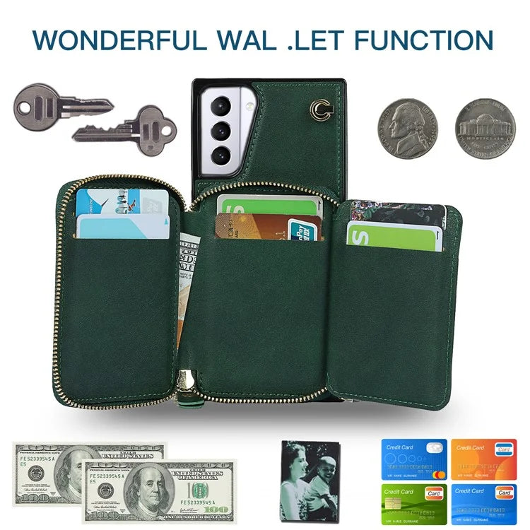 For Samsung Galaxy S21+ 5G Wallet Case TPU+PU Cell Phone Cover with Long Strap