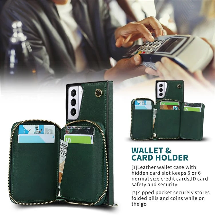 For Samsung Galaxy S21+ 5G Wallet Case TPU+PU Cell Phone Cover with Long Strap
