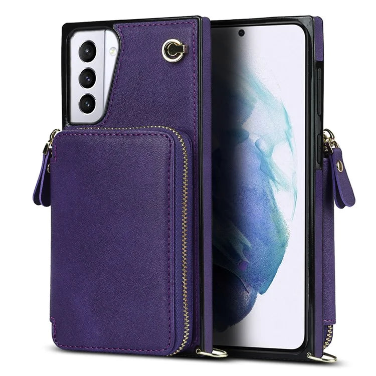 For Samsung Galaxy S21+ 5G Wallet Case TPU+PU Cell Phone Cover with Long Strap