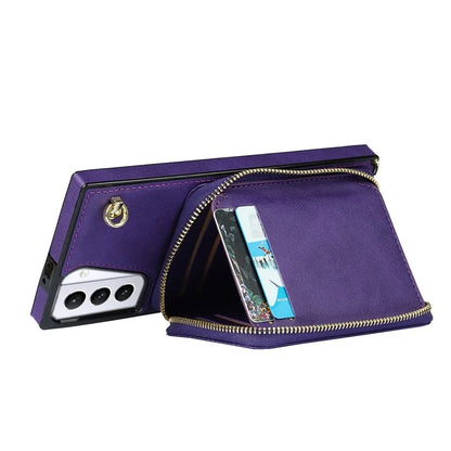 For Samsung Galaxy S21+ 5G Wallet Case TPU+PU Cell Phone Cover with Long Strap