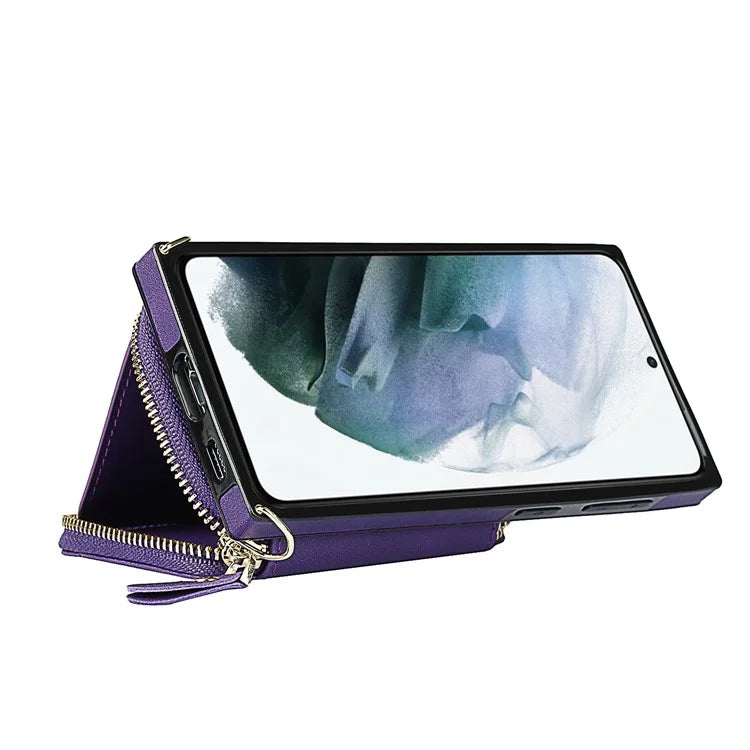 For Samsung Galaxy S21+ 5G Wallet Case TPU+PU Cell Phone Cover with Long Strap