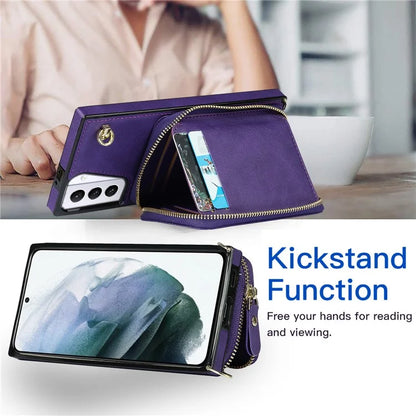 For Samsung Galaxy S21+ 5G Wallet Case TPU+PU Cell Phone Cover with Long Strap