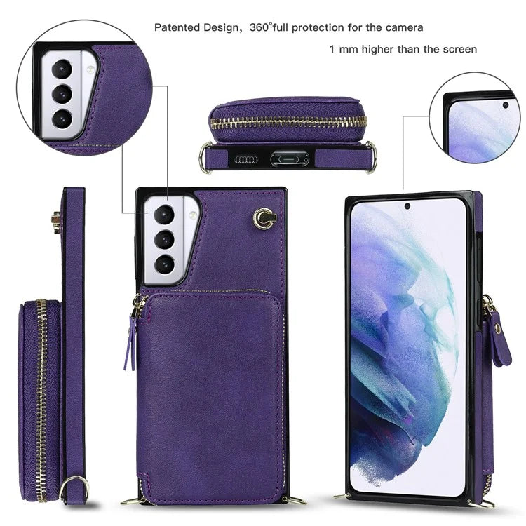 For Samsung Galaxy S21+ 5G Wallet Case TPU+PU Cell Phone Cover with Long Strap