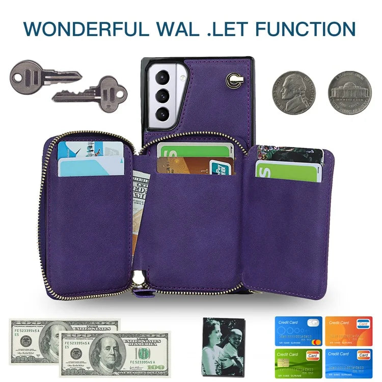 For Samsung Galaxy S21+ 5G Wallet Case TPU+PU Cell Phone Cover with Long Strap