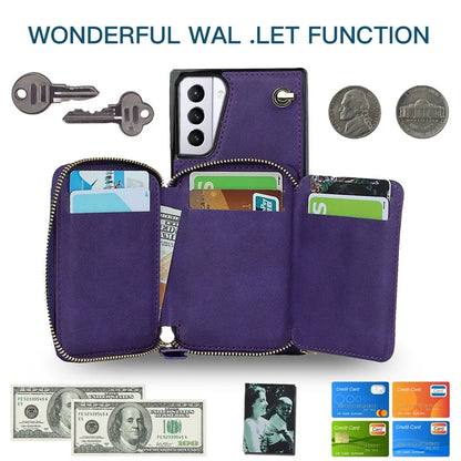 For Samsung Galaxy S21+ 5G Wallet Case TPU+PU Cell Phone Cover with Long Strap