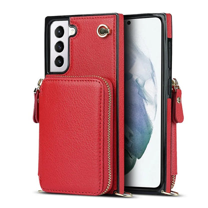For Samsung Galaxy S21 4G / 5G Cell Phone Cases Zipper Wallet TPU+PU Cover with Long Strap