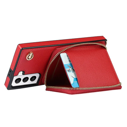 For Samsung Galaxy S21 4G / 5G Cell Phone Cases Zipper Wallet TPU+PU Cover with Long Strap