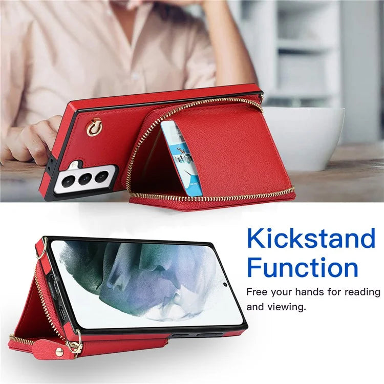 For Samsung Galaxy S21 4G / 5G Cell Phone Cases Zipper Wallet TPU+PU Cover with Long Strap
