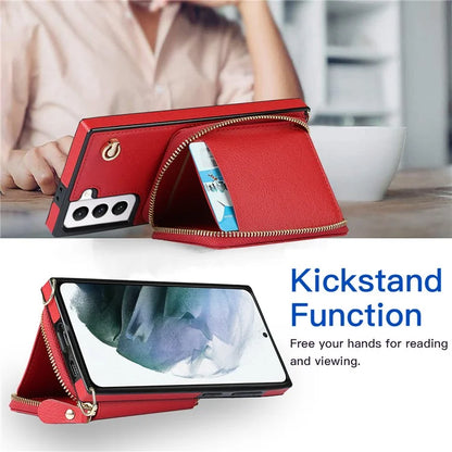 For Samsung Galaxy S21 4G / 5G Cell Phone Cases Zipper Wallet TPU+PU Cover with Long Strap