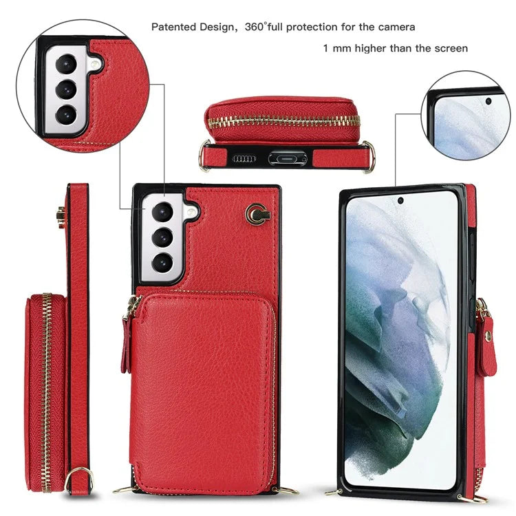 For Samsung Galaxy S21 4G / 5G Cell Phone Cases Zipper Wallet TPU+PU Cover with Long Strap