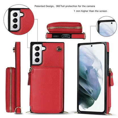 For Samsung Galaxy S21 4G / 5G Cell Phone Cases Zipper Wallet TPU+PU Cover with Long Strap